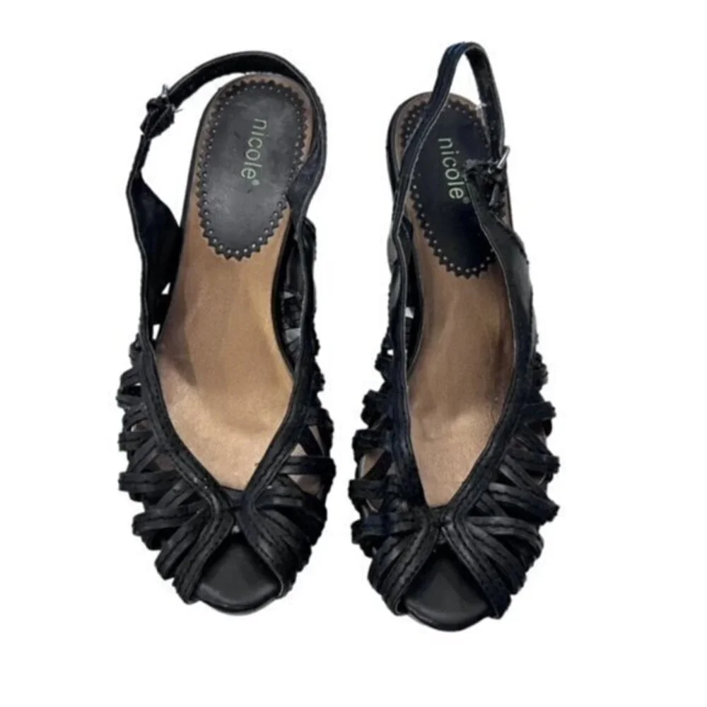 Nicole Black Woven Leather Slingback Wedge Sandals